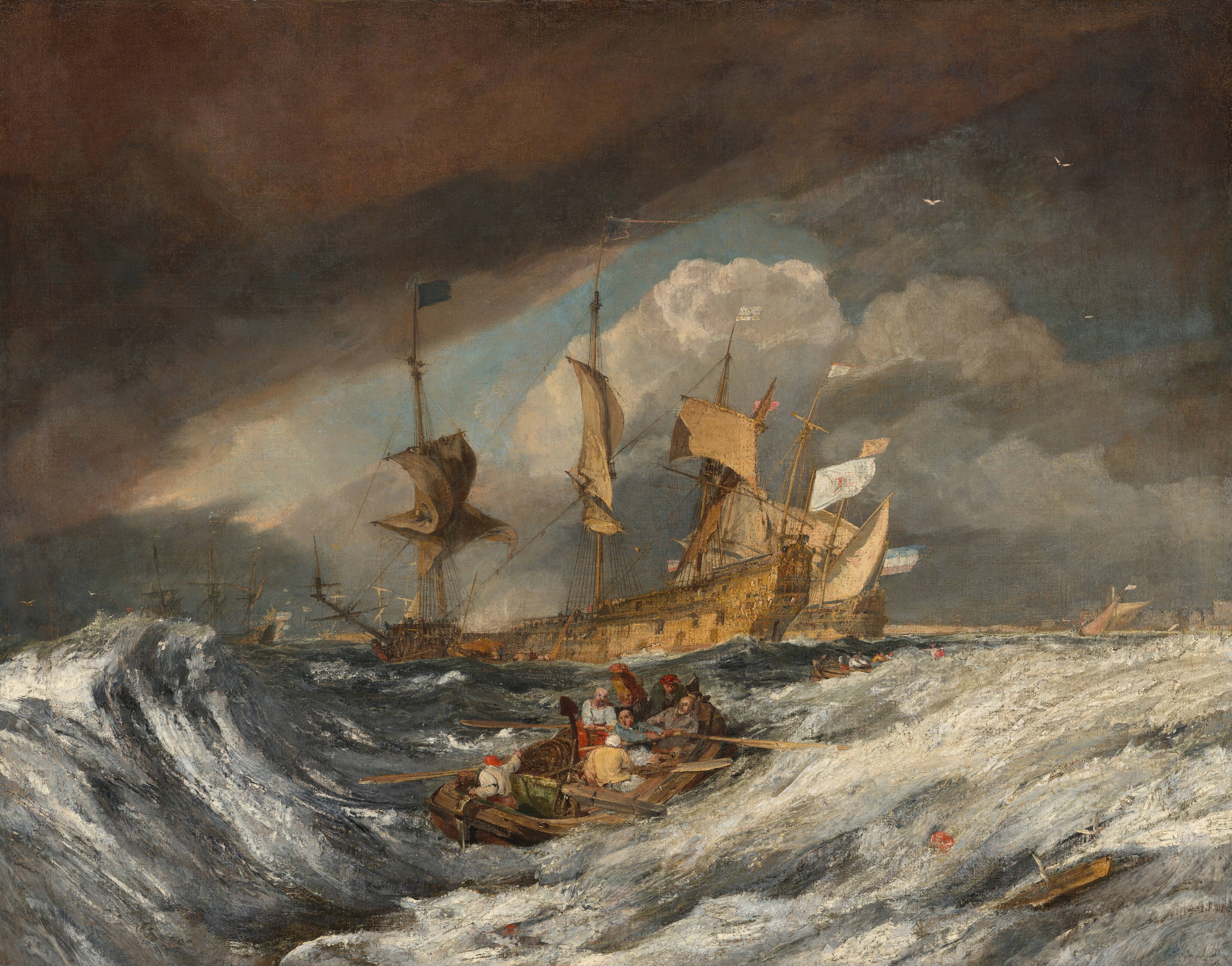 A small open rowboat with seven men battling green-grey waves under a heavy bronze sky, with Dutch warships anchored in the distance.